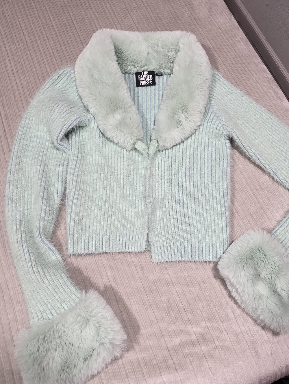 The Ragged Priest Women's Mint Faux-Fur Collar & Cuff Ribbed Sweater